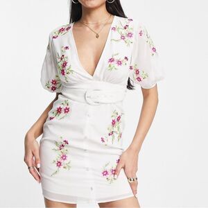 ASOS Design White Floral Embroidered Belted Mini Dress